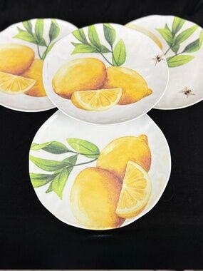 4 Shabby Chic Yellow Lemon and Honeybee 11 inch Melamine Dinner Plates Set